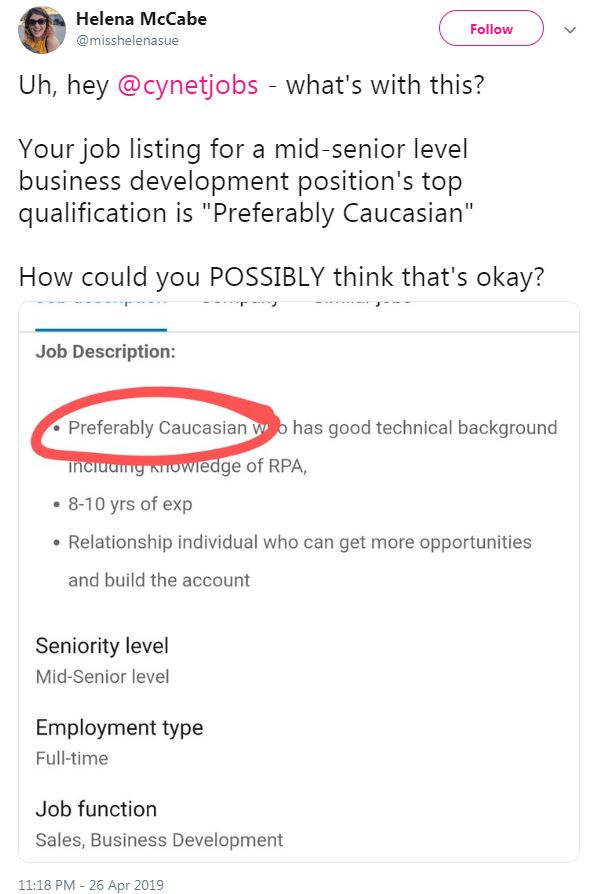  Helena McCabe found Cynet Systems' job ad on LinkedIn and shared it on Twitter