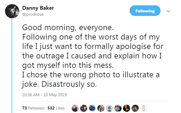  Danny Baker today apologised for the mistake he made by posting the picture