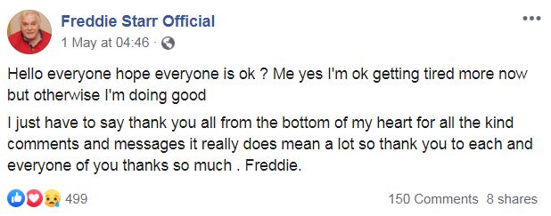  Earlier this month, Freddie posted on Facebook to update his fans on his health