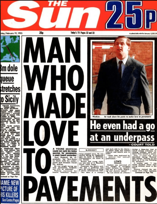  Karl Watkins was charged with a similar crime in 1993 as shown by The Sun's front page.