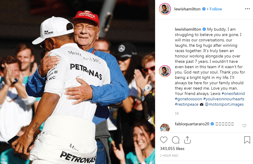 Lewis Hamilton has paid a special tribute to his friend, F1 legend Niki Lauda