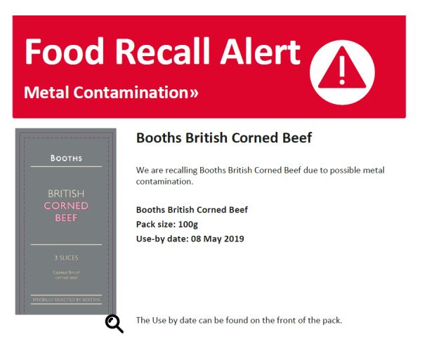  Booths issued a recall notice on the Food Standards Agency website