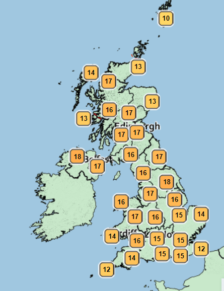  Temperatures will begin ticking up on Monday, with highs reaching 18C in the north and west, before the thermometer creeps up further throughout the week