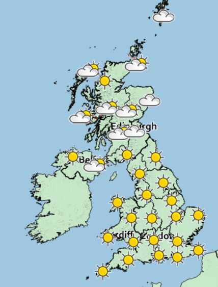  Sunshine is forecast across the country today, with light cloud in the north, as this graphic for Monday afternoon shows