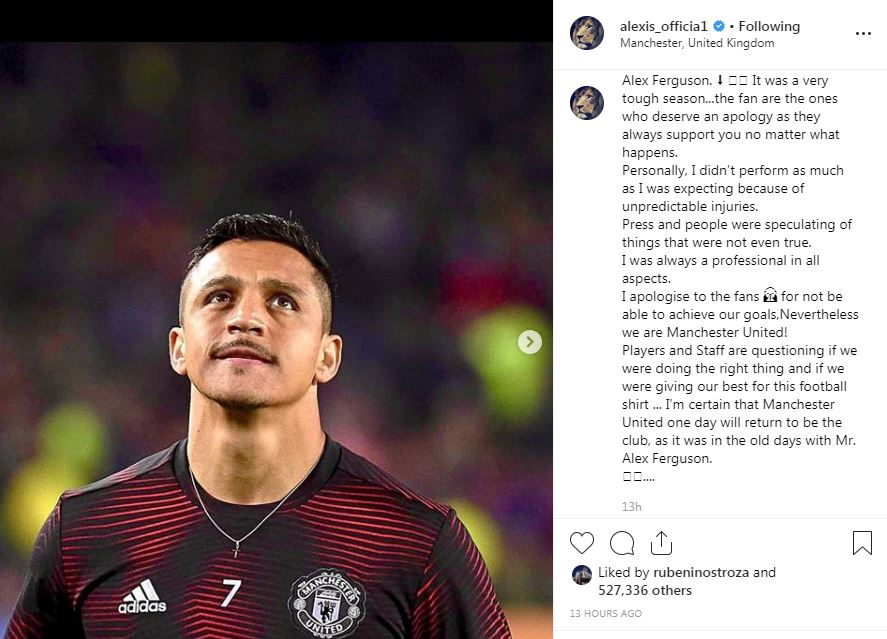  Alexis Sanchez posts apology to Manchester United fans on Instagram