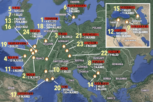  Terror attacks on European soil by Islamic extremists from 2014-2016