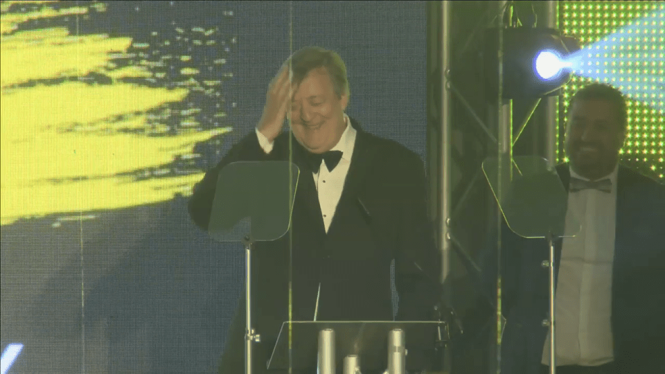  Stephen Fry's response drew cheers from the crowd