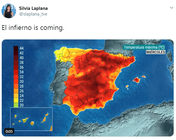 Spanish forecaster Silvia Laplana tweeted a picture of an all-red weather map captioned: ‘El infierno (hell) is coming’