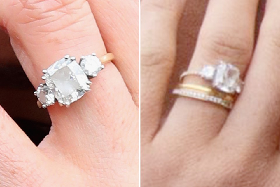  Meghan's engagement ring originally featured a gold band in November 2017 (left) and now appears to have been reset with a diamond-studded design (right)