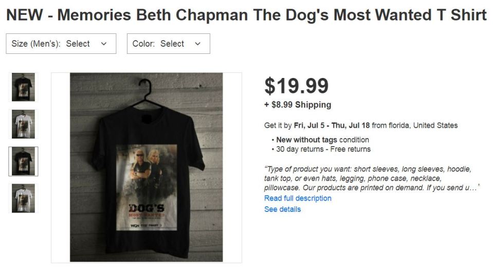  Dog the Bounty Hunter has slammed online retailers for selling unauthorised t-shirts emblazoned with pictures of his dead wife