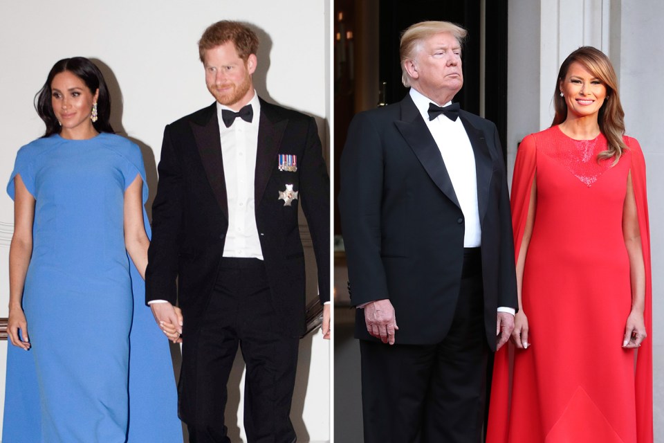  Both Meghan and Melania's floor length cape gowns have billowing sleeves and similar silhouettes