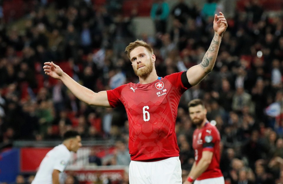  Former Chelsea defender Tomáš Kalas looks on in frustration as England embarrass his side at Wembley Stadium.