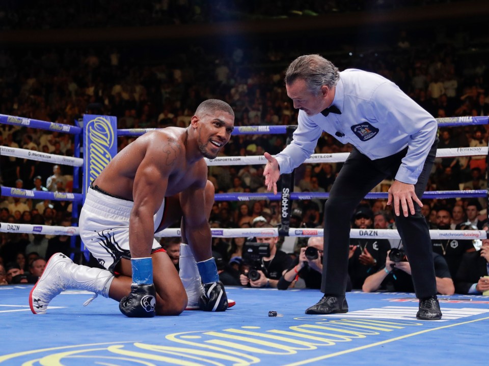 Joshua on his knees before getting stopped in round seven after being floored four times