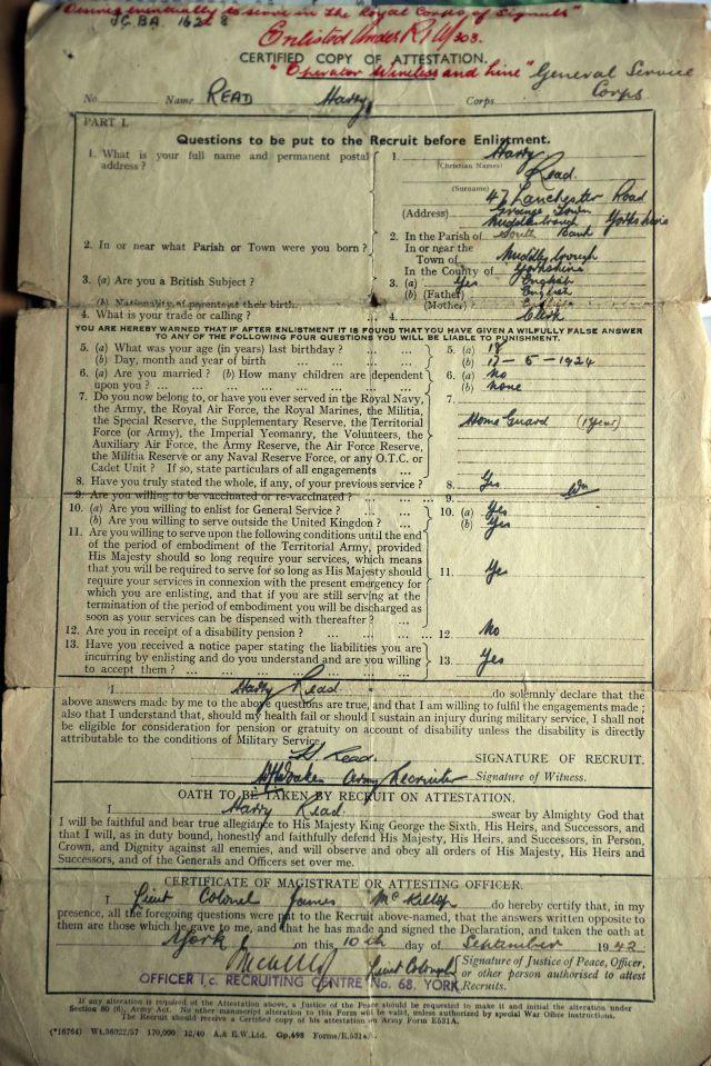  The original recruitment sheet of veteran Harry Read