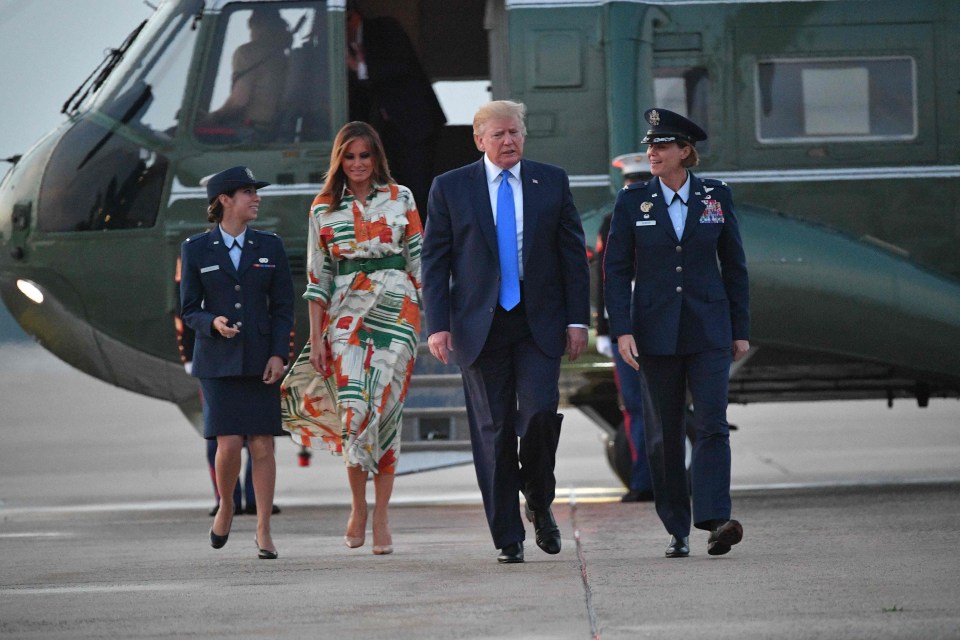 She chose this outfit for her flight from Washington to London, with husband President Donald Trump