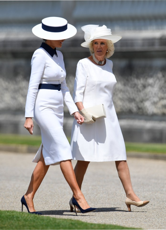 She paired the dress with a navy blue belt and heels, as well as a wide brimmed hat by Hervé Pierre – which also had a navy trim