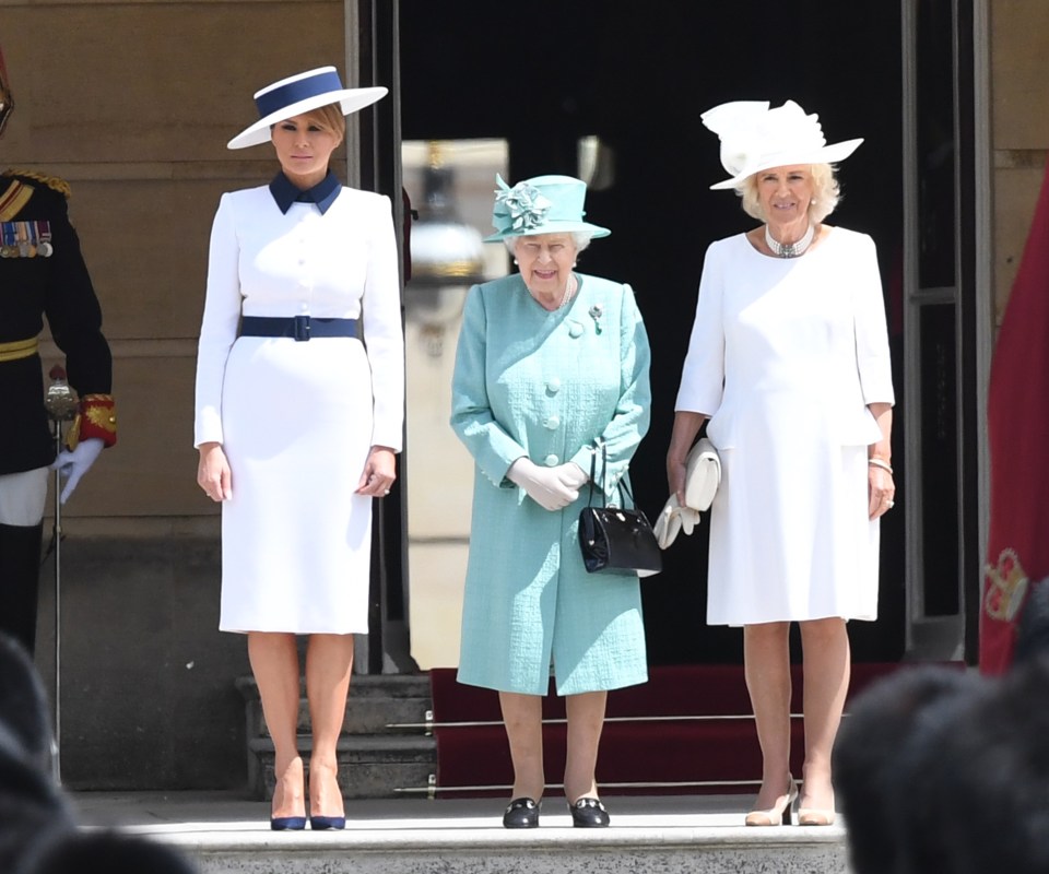 Melania stunned in an elegant white skirt suit with navy detailing as she arrived at Buckingham Palace to meet The Queen today