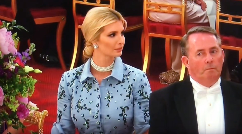 Ivanka Trump stood out from the crown in a blue coloured, buttoned ensemble and pearl choker