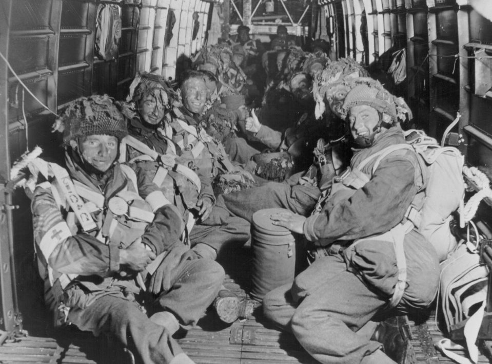  British paratroops of the 6th Airborne Division aboard an aircraft en route to their drop site during the D-Day invasion of Normandy