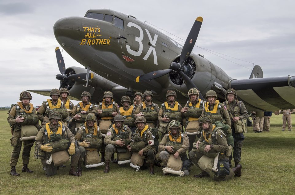  American period parachutists pose for a photograph at the Imperial War Museum in Duxford to celebrate the 75th anniversary of D-Day