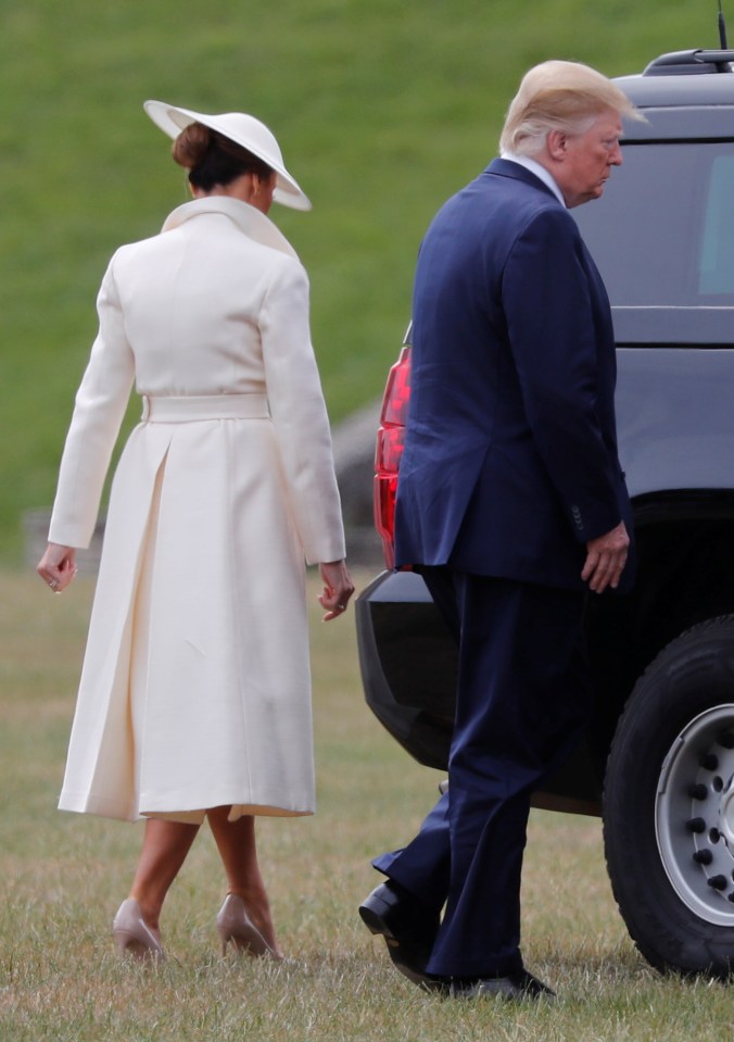  Melania wore her hair in a neat bun as she arrived in Portmouth with her asymmetric hat worn at an angle