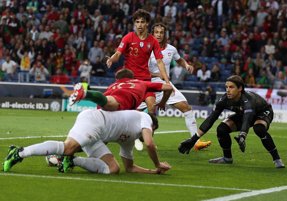 Portugal were celebrating after this challenmge from Fabian Schar on Bernardo Silva saw them awarded a penalty