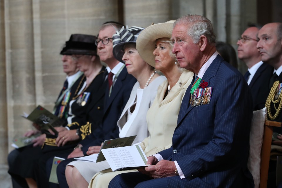 (left to right) Philip May, Prime Minister Theresa May, The Duchess of Cornwall and the Prince of Wales attending the Royal British Legion Service of Remembrance in the Bayeux Cathedral as part of commemorations for the 75th anniversary of the D-Day landings today