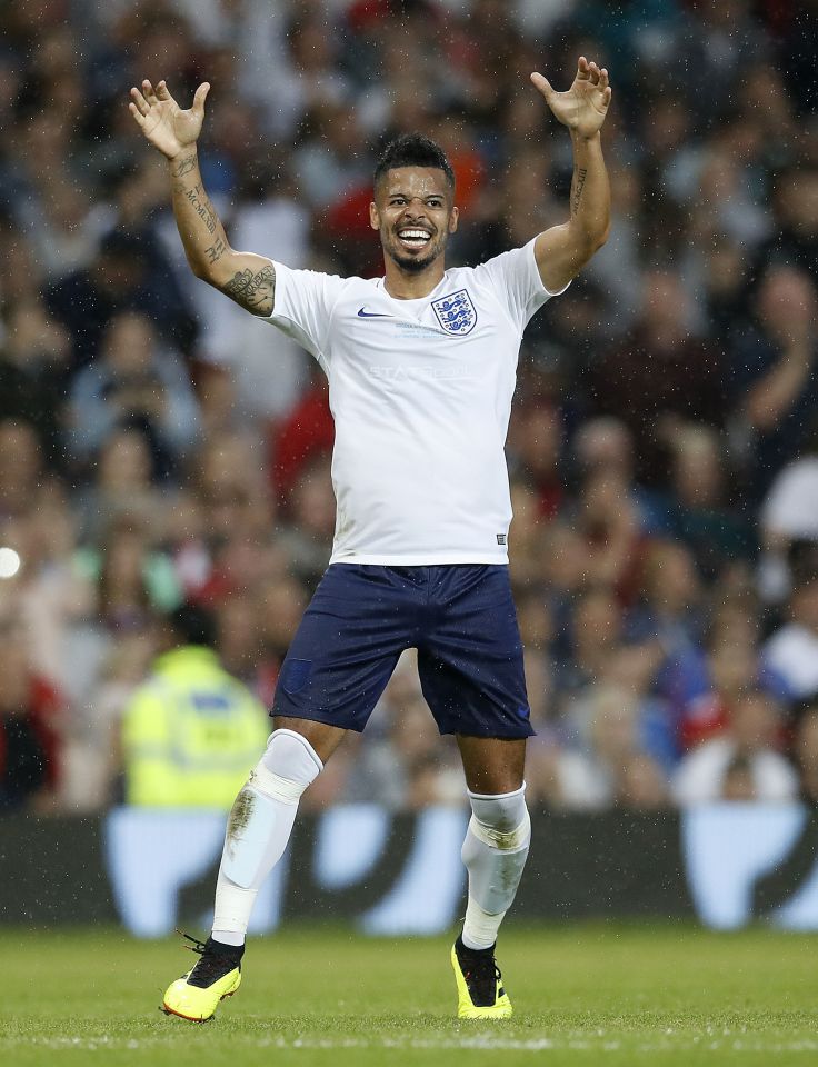  England's Jeremy Lynch celebrates scoring his side's second goal of the game during the Unicef Soccer Aid match at Old Trafford, Manchester, in 2018