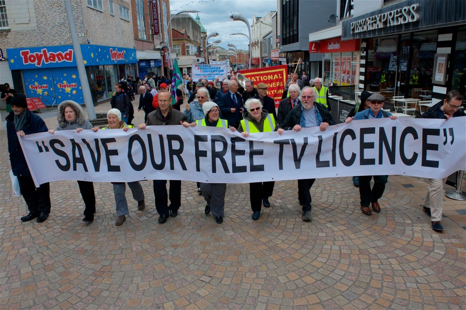 Protesters at the National Pensioners Convention in Blackpool protesting against the BBC’s decision