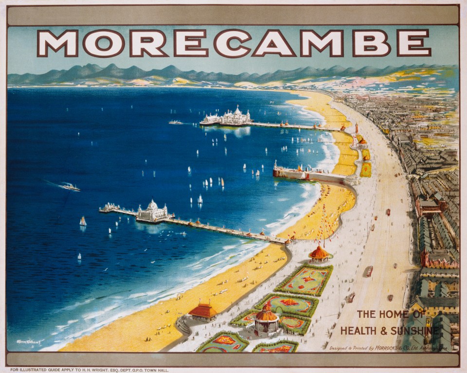  Travel poster from the 1950s for Morecambe, claiming it is 'The home of health and sunshine'