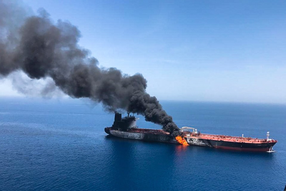 An aerial picture showing the huge blaze raging on the oil tanker after the attack