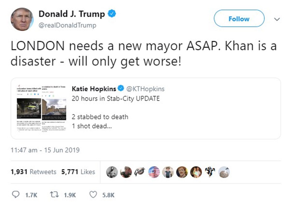  He called Khan a 'disaster' last week after three murders in the UK capital