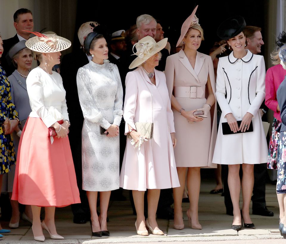  Sophie Countess of Wessex, Queen Letizia of Spain, the Duchess of Cornwall, Queen Maxima of the Netherlands and the Duchess of Cambridge, stand together during the service