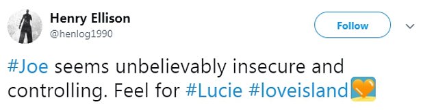  Viewers took to Twitter to express their concern over Joe's treatment of Lucie