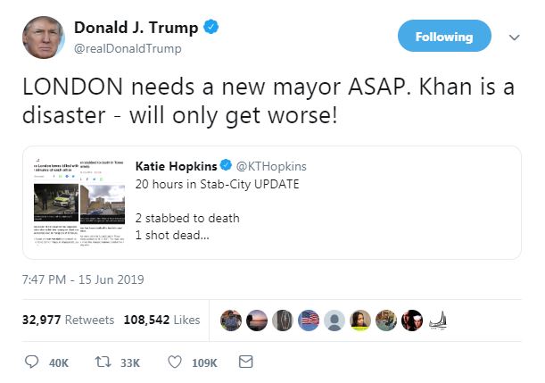  Mr Trump retweeted a post by controversial commentator Katie Hopkins criticising the London mayor