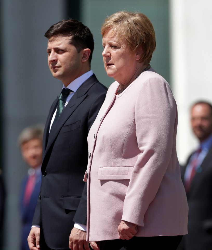 Last month Mrs Merkel shook uncontrollably as she stood in the sun with Ukraine’s President Volodymyr Zelenskiy