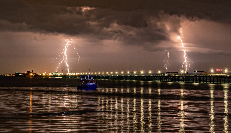  Spectacular lightning strikes over Southend pier, Southend on Sea, Essex on 18th June