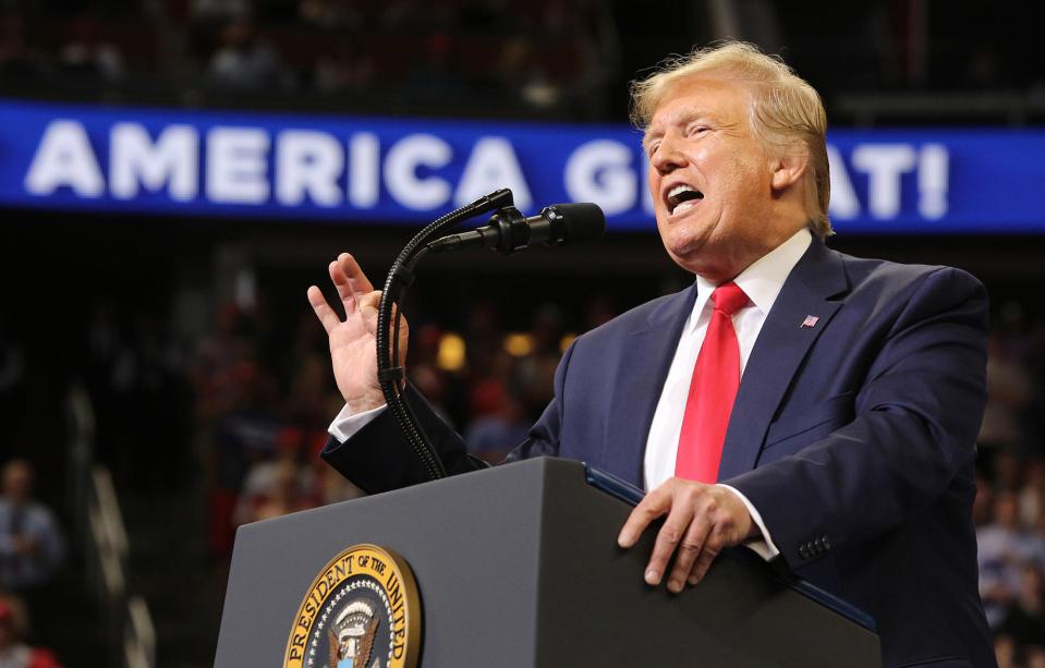  Trump gives a speech during his 2020 campaign kick-off rally on June 18, 2019