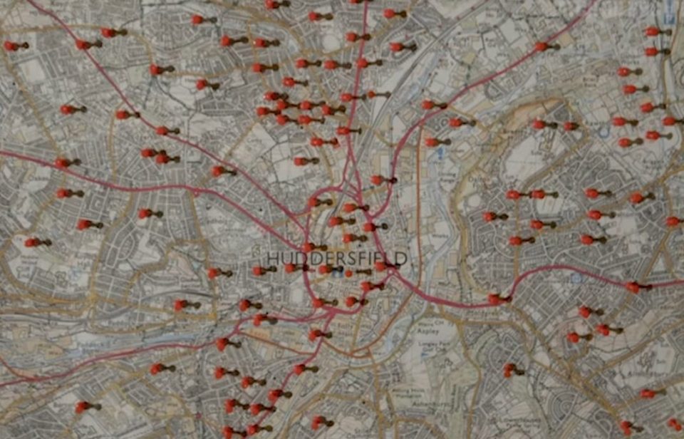  Mobeen stuck pins in a map of Huddersfield to mark reported firearms-related incidents in the area