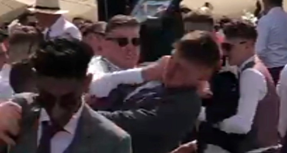 A man throws a punch at another in the chaotic scenes at Royal Ascot