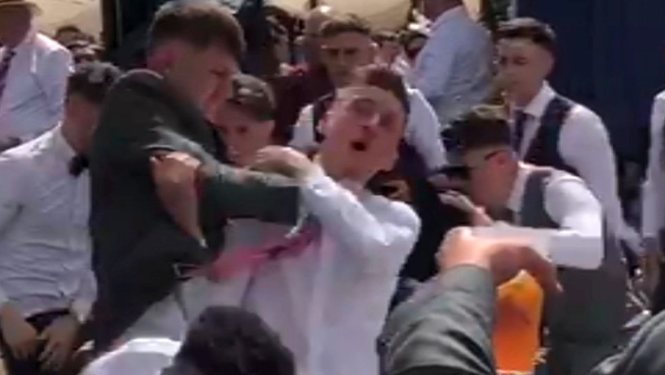 Two men grapple with each other in the video as racegoers watch on