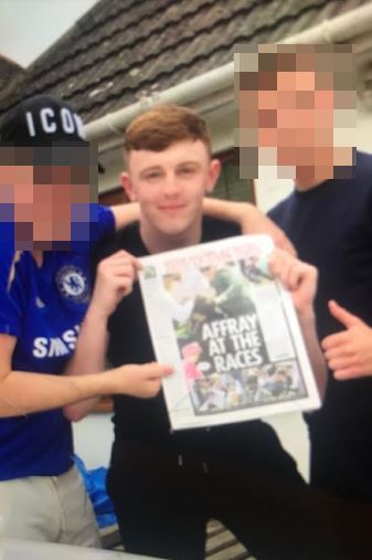  Reece Miller, 18, poses for a picture with The Sun's coverage of the Royal Ascot brawl that he was involved in