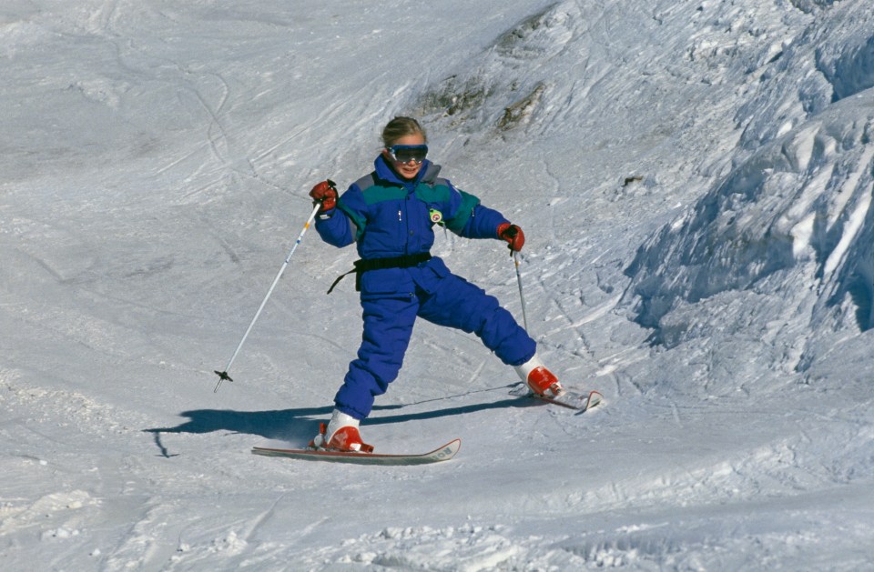 Zara on a skiing holiday in Morzine, France, in January 1989