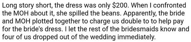  She explained four out of six bridesmaids dropped out