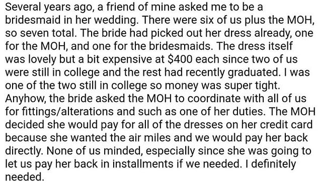  The woman explained the story on a wedding shaming group