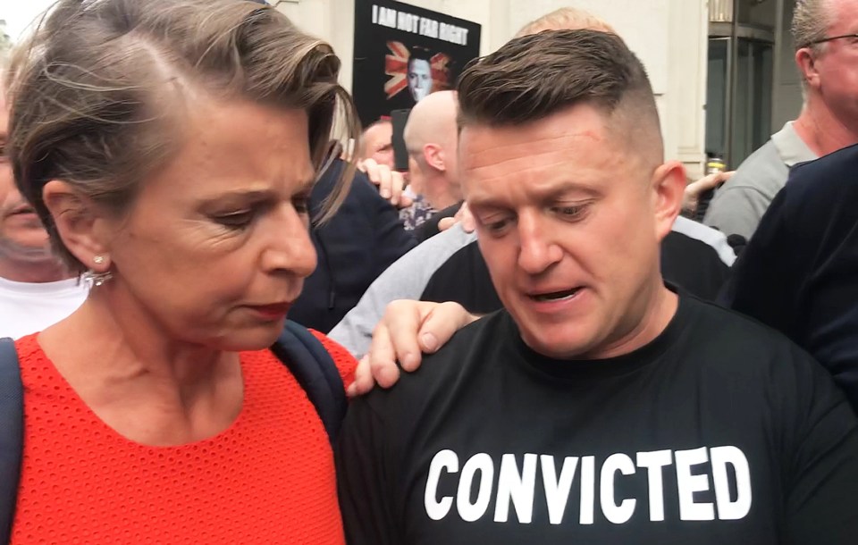 Robinson talks to Katie Hopkins outside the courtroom