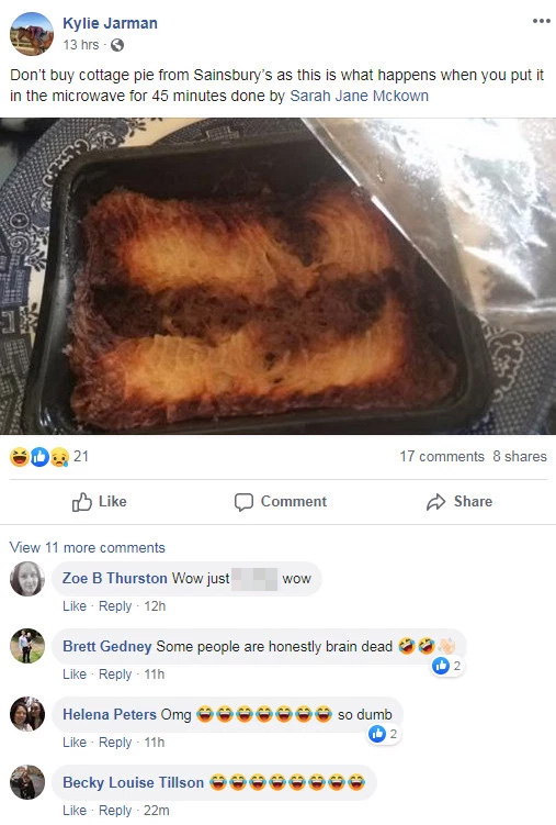 Kylie went on Facebook and moaned about how her pie ended up after 45 minutes in the microwave – before friends pointed out her error