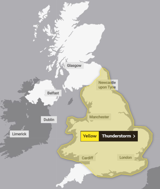  A weekend weather map shows a thunderstorm looming over England and Wales