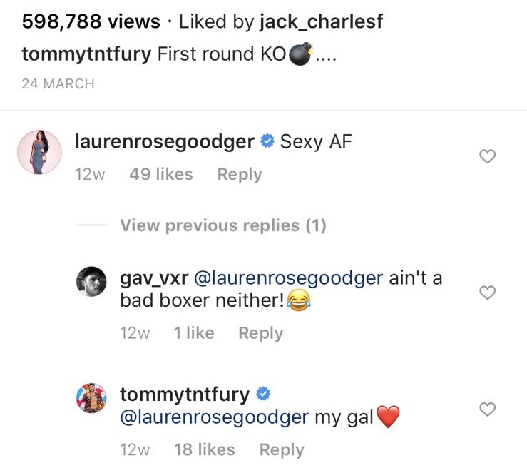  Tommy and Lauren shared a flirty exchange underneath one of Tommy's Instagram videos earlier this year