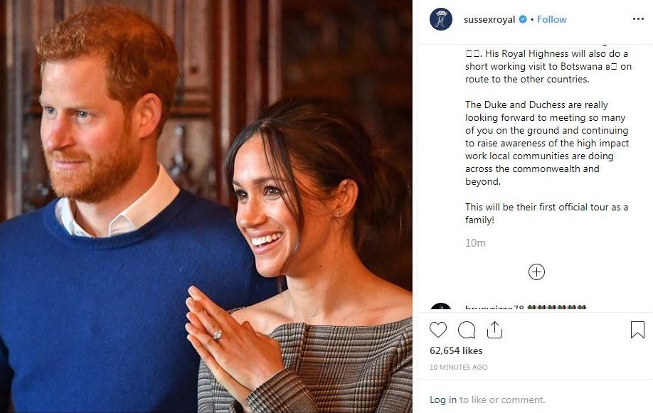  Meghan and Harry's Instagram appeared to confirm baby Archie will join the couple with the caption saying 'first official tour as a family'